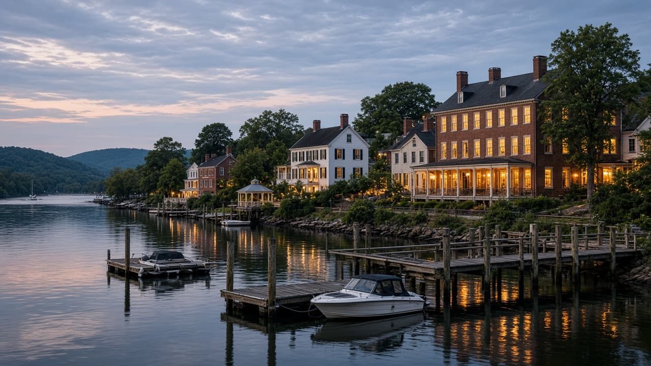 Muelles y edificios históricos de un pueblo del río Connecticut al atardecer