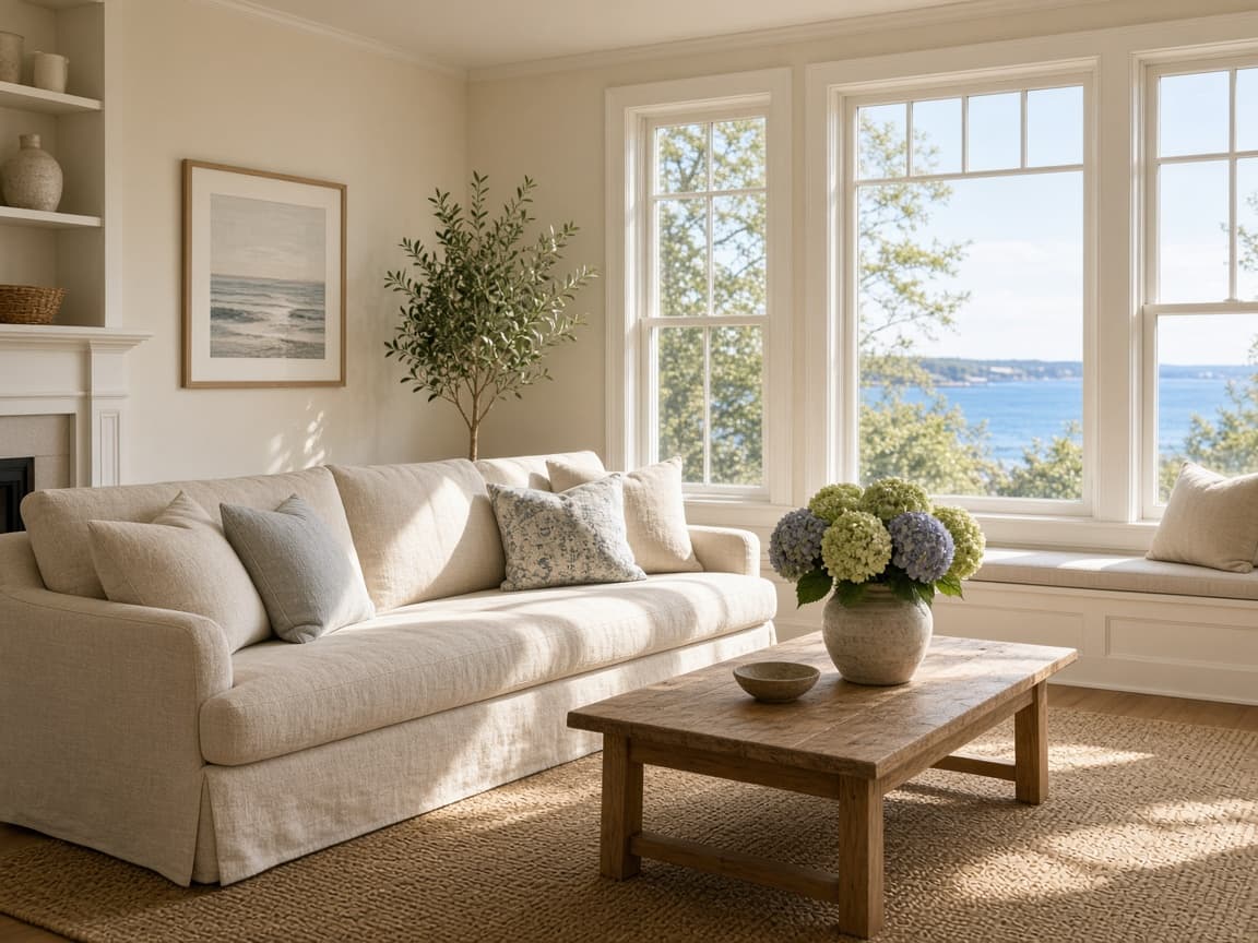 Coastal Connecticut living room with linen sofa and large windows