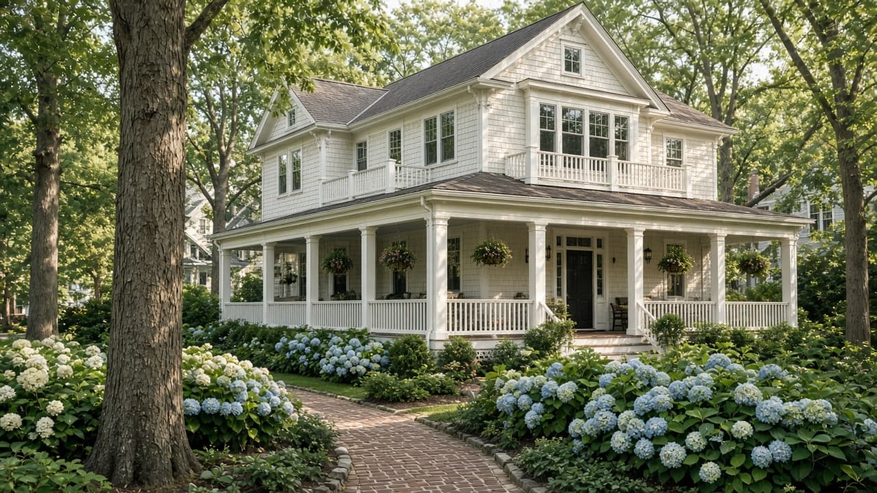 Historic Greenwich inn with a wraparound porch and hydrangeas