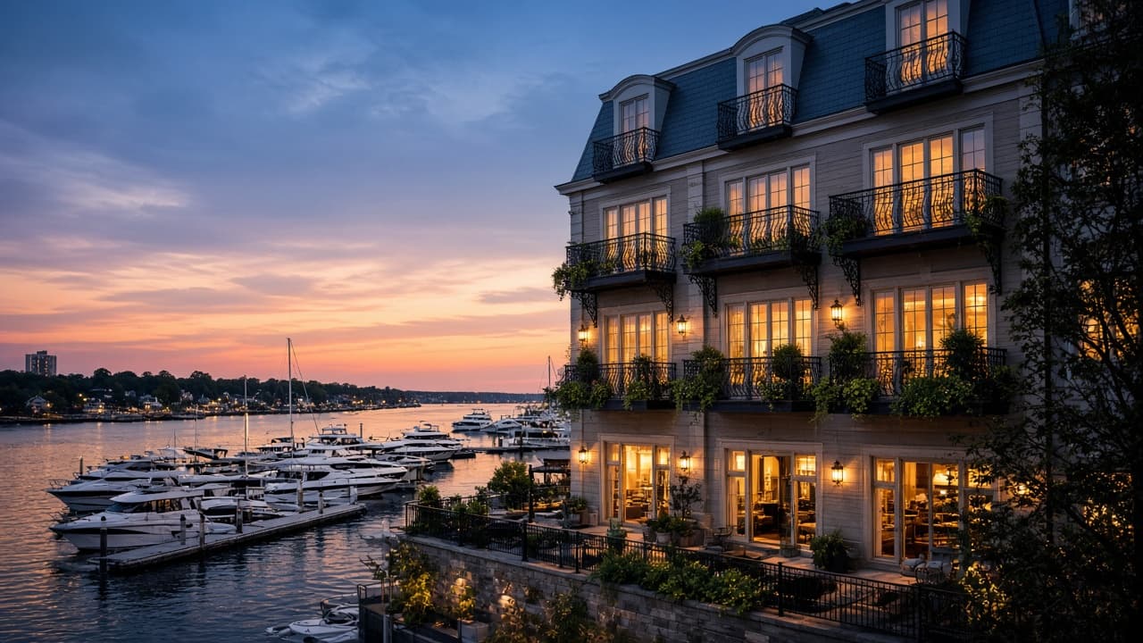 Greenwich harbor luxury hotel at dusk