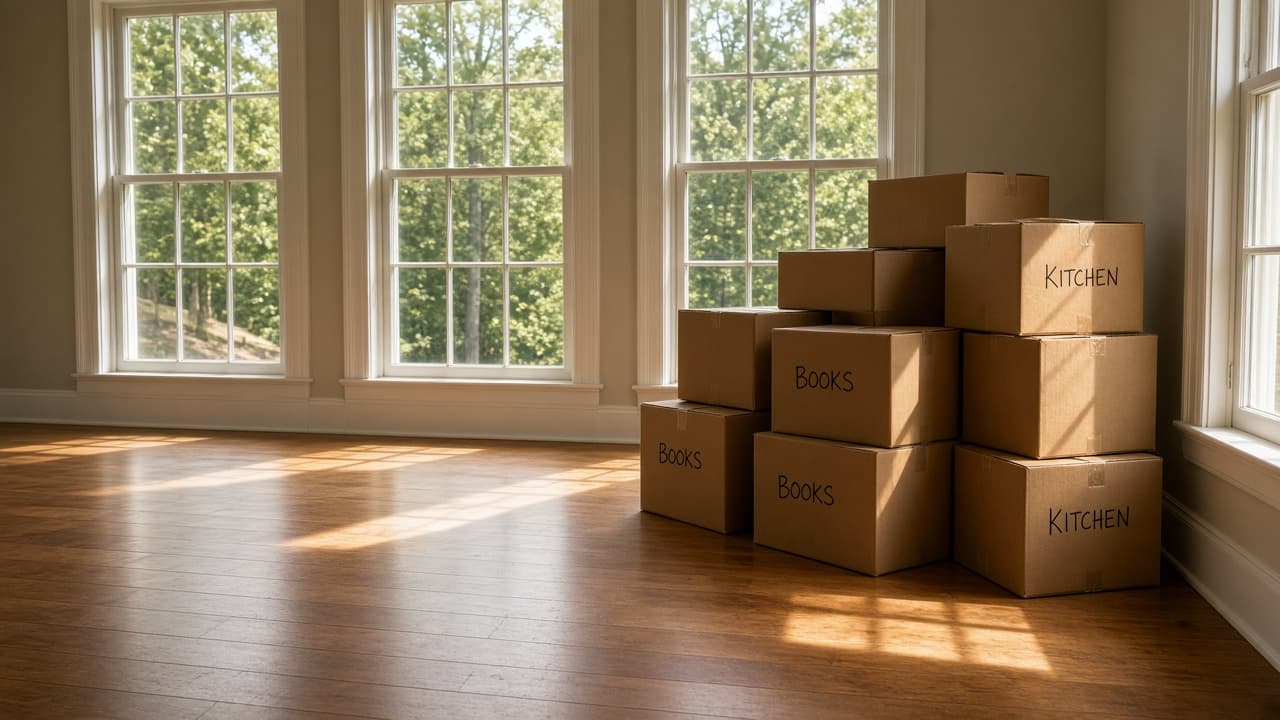 Packed moving boxes in an empty sunlit Connecticut living room